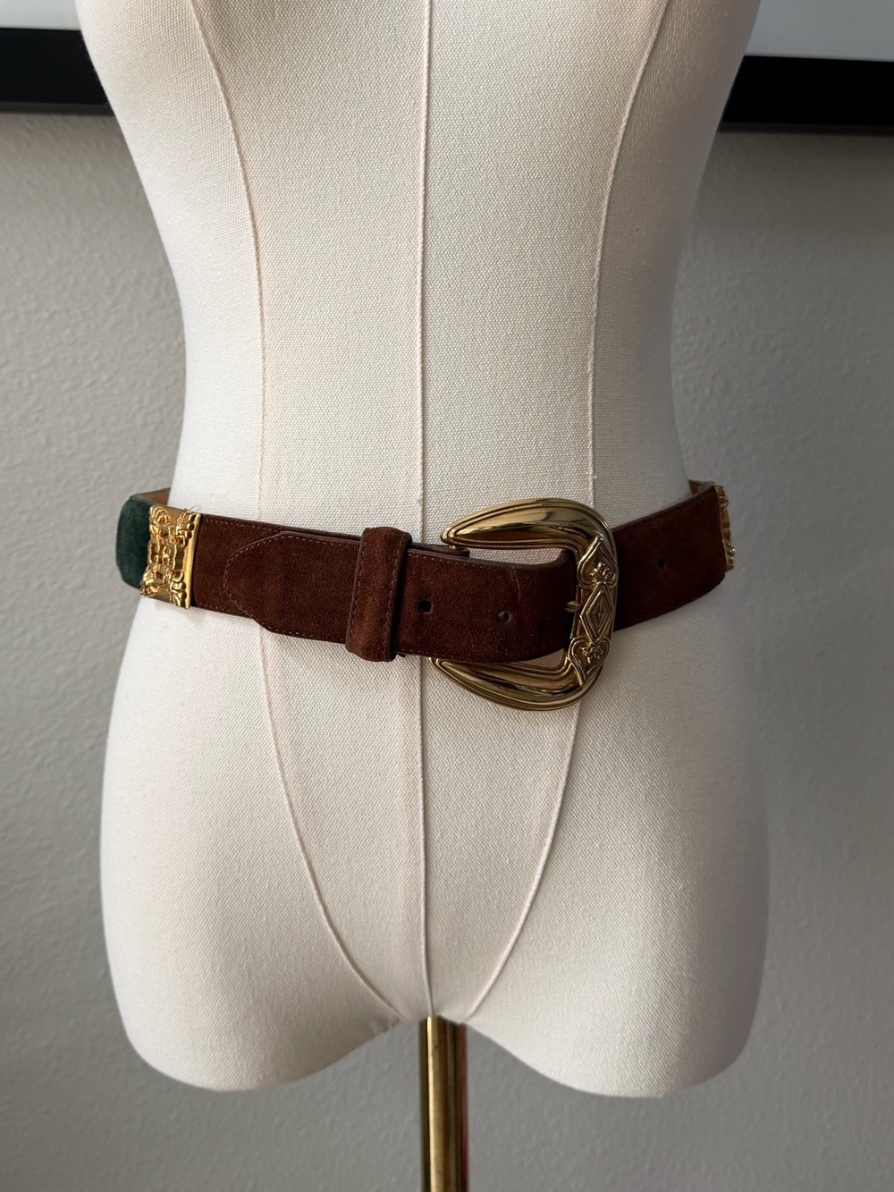 Vintage Brighton Multicolor Colorblock Suede Statement Brass Belt Sz Medium USA